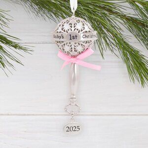 Hallmark Baby's First Christmas Ornament Silver Rattle with Pink Ribbon 2025
